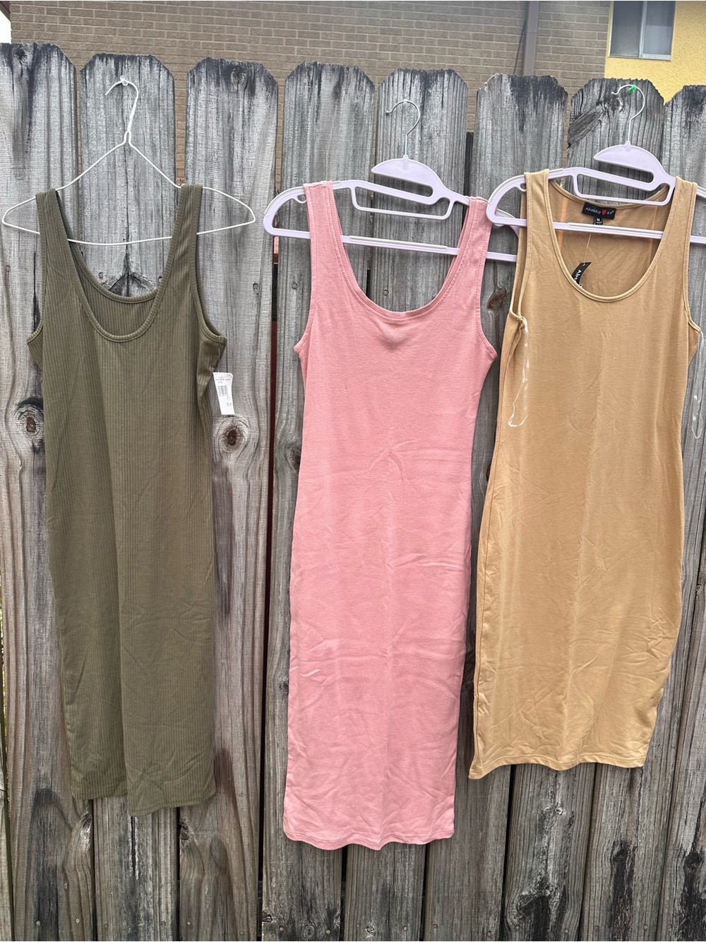 Bundle of 3! Ambiance Ribbed Midi Tank Dresses in Pink, Olive & Tan